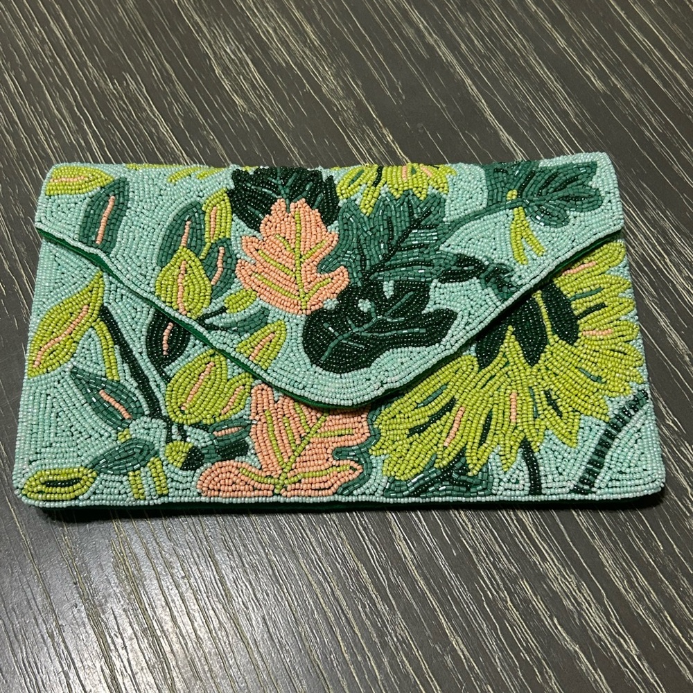 Beaded Floral Clutch - Green and Pink
